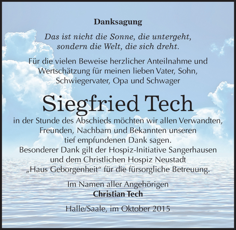  Traueranzeige für Siegfried Tech vom 10.10.2015 aus Mitteldeutsche Zeitung Sangerhausen