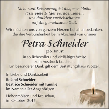 Traueranzeige von Petra Schneider von WVG - Wochenspiegel NMB / WSF / ZTZ