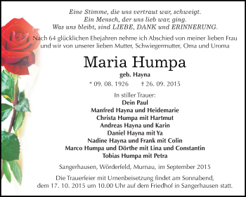 Traueranzeige von Maria Humpa von Super Sonntag SGH Mansf. Land