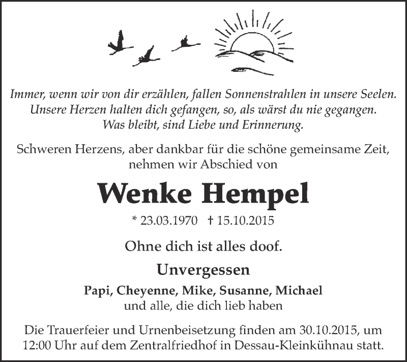  Traueranzeige für Wenke Hempel vom 24.10.2015 aus WVG - Wochenspiegel Dessau / Köthen