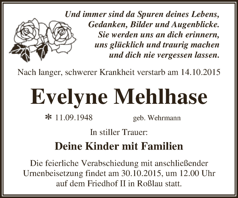  Traueranzeige für Evelyne Mehlhase vom 24.10.2015 aus WVG - Wochenspiegel Dessau / Köthen
