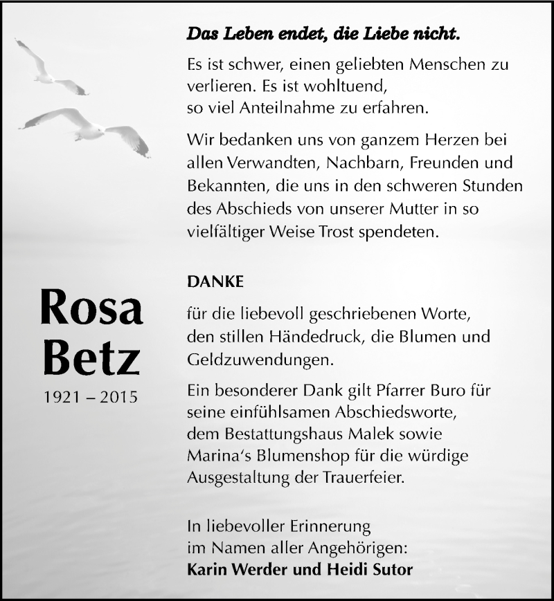 Traueranzeige für Rosa Betz vom 30.10.2015 aus Mitteldeutsche Zeitung Quedlinburg