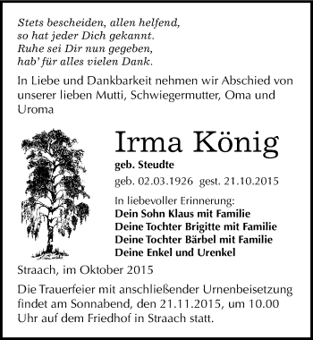 Traueranzeige von Irma König von Mitteldeutsche Zeitung Wittenberg