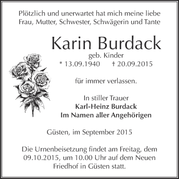 Traueranzeige von Karin Burdack von Super Sonntag Bernburg