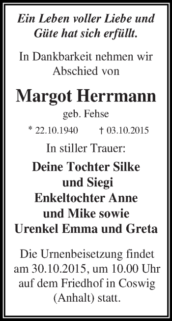 Traueranzeige von Margot Herrmann von WVG - Wochenspiegel Dessau / Köthen
