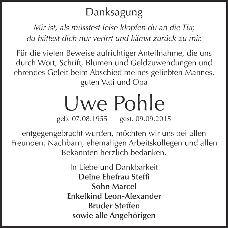  Traueranzeige für Uwe Pohle vom 03.10.2015 aus Super Sonntag Zeitz