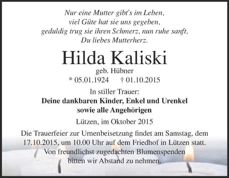  Traueranzeige für Hilda Kaliski vom 14.10.2015 aus WVG - Wochenspiegel Merseburg