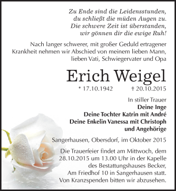 Traueranzeige von Erich Weigel von Mitteldeutsche Zeitung Sangerhausen