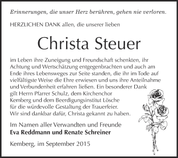 Traueranzeige von Christa Steuer von Super Sonntag Wittenberg