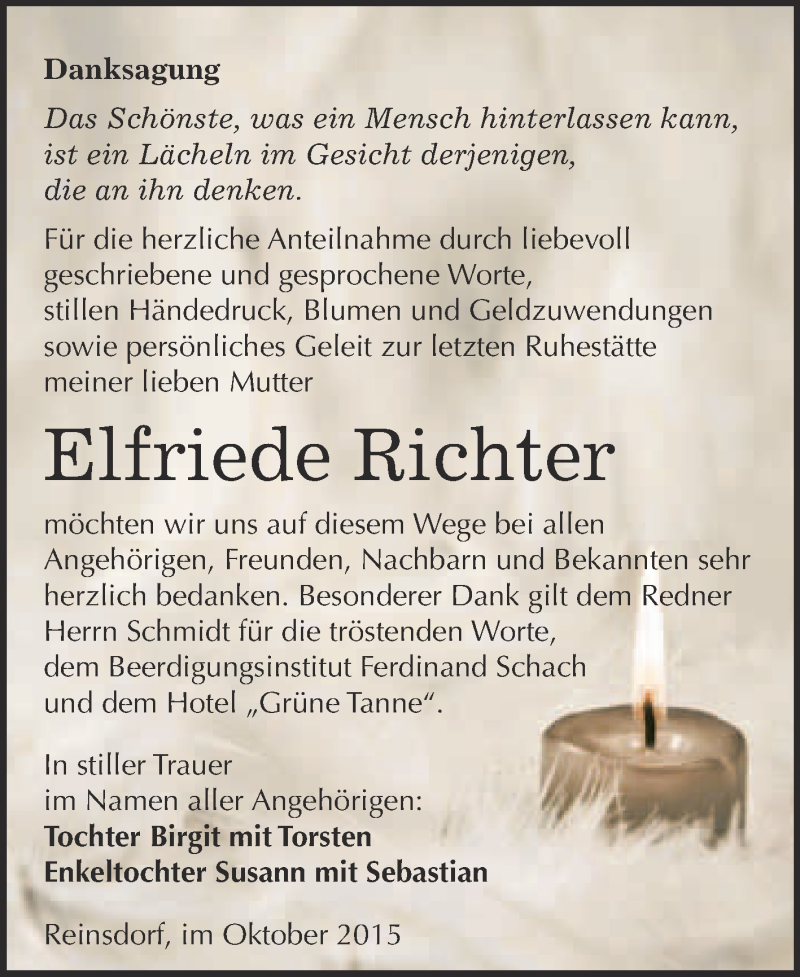  Traueranzeige für Elfriede Richter vom 17.10.2015 aus Super Sonntag Wittenberg