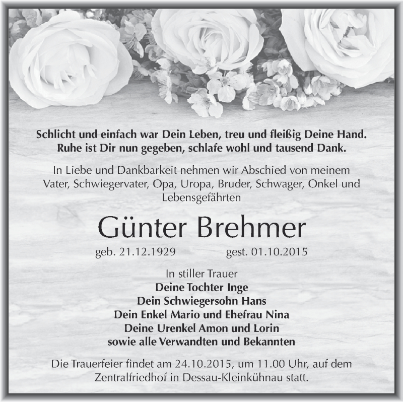  Traueranzeige für Günter Brehmer vom 10.10.2015 aus WVG - Wochenspiegel Dessau / Köthen
