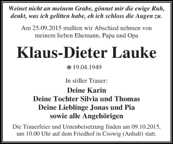 Traueranzeige von Klaus-Dieter Lauke von WVG - Wochenspiegel Dessau / Köthen