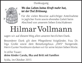 Traueranzeige von Hilmar Vollmann von Super Sonntag SGH Mansf. Land