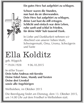 Traueranzeige von Ella Kolditz von Super Sonntag SGH Mansf. Land