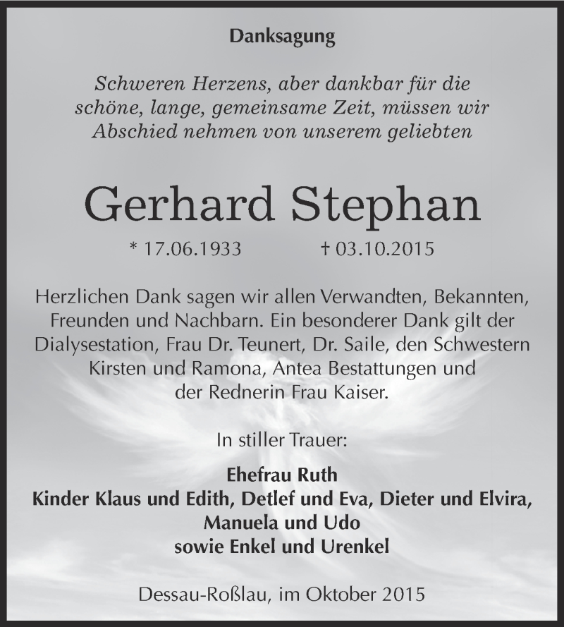  Traueranzeige für Gerhjard Stephan vom 31.10.2015 aus WVG - Wochenspiegel Dessau / Köthen
