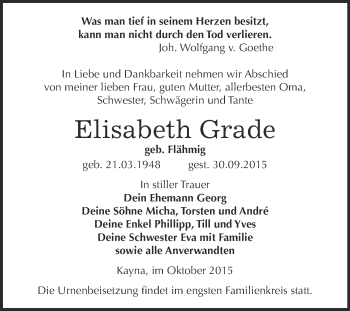 Traueranzeige von Elisabeth Grade von Super Sonntag Zeitz