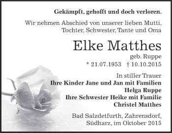 Traueranzeige von Elke Matthes von Super Sonntag SGH Mansf. Land