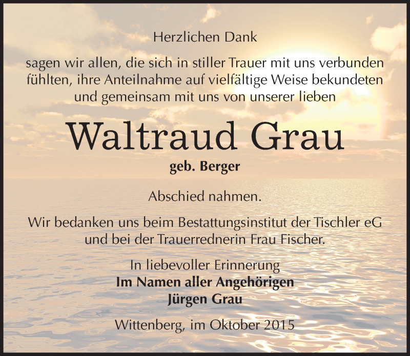  Traueranzeige für Waltraud Grau vom 24.10.2015 aus Mitteldeutsche Zeitung Wittenberg