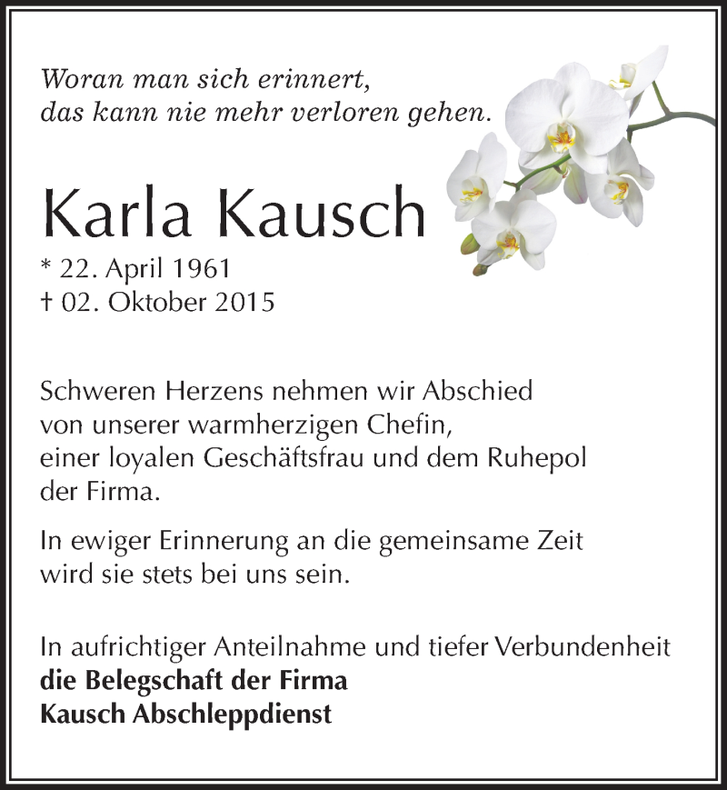 Traueranzeige für Karla Kausch vom 19.10.2015 aus Mitteldeutsche Zeitung Halle/Saalkreis