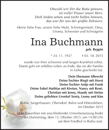 Traueranzeige von Ina Buchmann von Mitteldeutsche Zeitung Sangerhausen