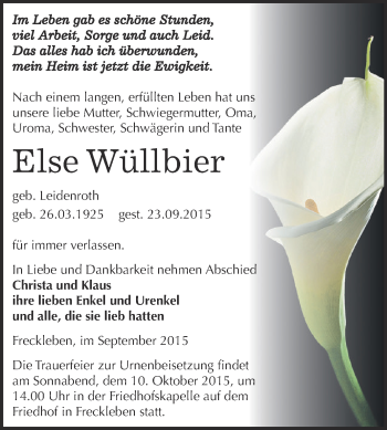 Traueranzeige von Else Wüllbier von Wochenspiegel Mansfelder Land