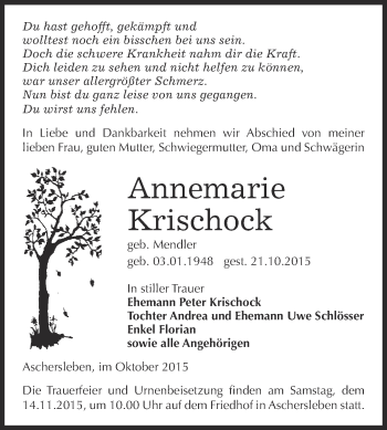 Traueranzeige von Annemarie Krischock von Super Sonntag Aschersleben