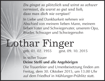 Traueranzeige von Lothar Finger von WVG - Wochenspiegel Wittenberg