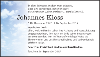 Traueranzeige von Johannes Kloss von Mitteldeutsche Zeitung Weißenfels