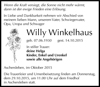 Traueranzeige von Willy Winkelhaus von Mitteldeutsche Zeitung Aschersleben