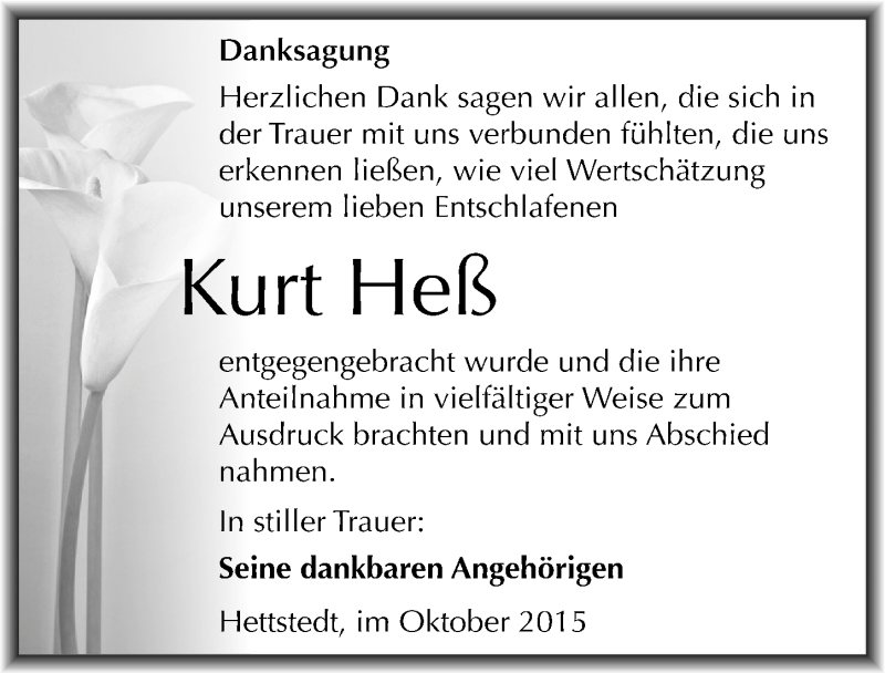  Traueranzeige für Kurt Heß vom 17.10.2015 aus Mitteldeutsche Zeitung Mansfelder Land