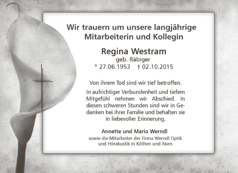  Traueranzeige für Regina Westram vom 21.10.2015 aus WVG - Wochenspiegel Dessau / Köthen