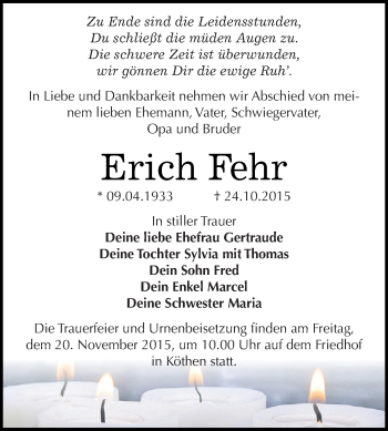 Traueranzeige von Erich Fehr von WVG - Wochenspiegel Dessau / Köthen