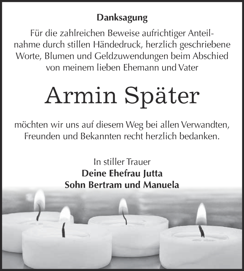  Traueranzeige für Armin Später vom 07.10.2015 aus WVG - Wochenspiegel NMB / WSF / ZTZ