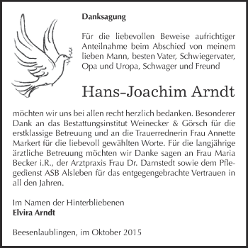 Traueranzeige von Hans-Joachim Arndt von Super Sonntag Bernburg
