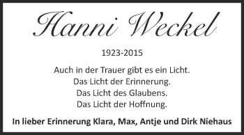Traueranzeige von Hanni Weckel von Super Sonntag Zeitz