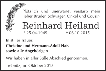 Traueranzeige von Reinhard Heiland von WVG - Wochenspiegel NMB / WSF / ZTZ