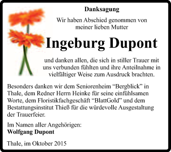 Traueranzeige von Ingeburg Dupont von Super Sonntag Quedlinburg