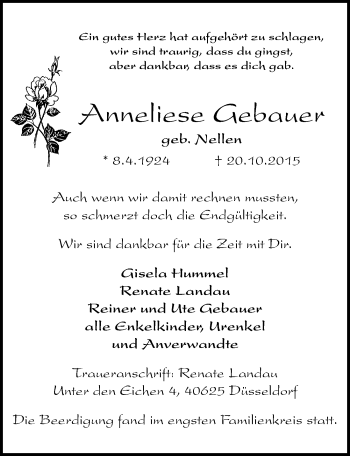 Traueranzeige von Anneliese Gebauer von Mitteldeutsche Zeitung Naumburg/Nebra