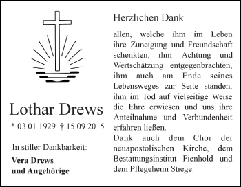 Traueranzeige von Lothar Drews von Super Sonntag SGH Mansf. Land