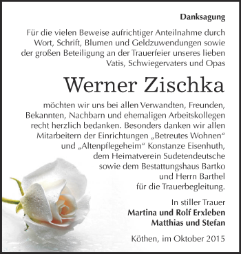 Traueranzeige von Werner Zischka von WVG - Wochenspiegel Dessau / Köthen
