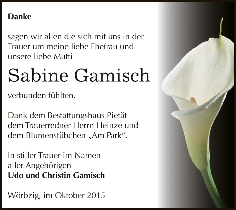  Traueranzeige für Sabine Gamisch vom 24.10.2015 aus WVG - Wochenspiegel Dessau / Köthen