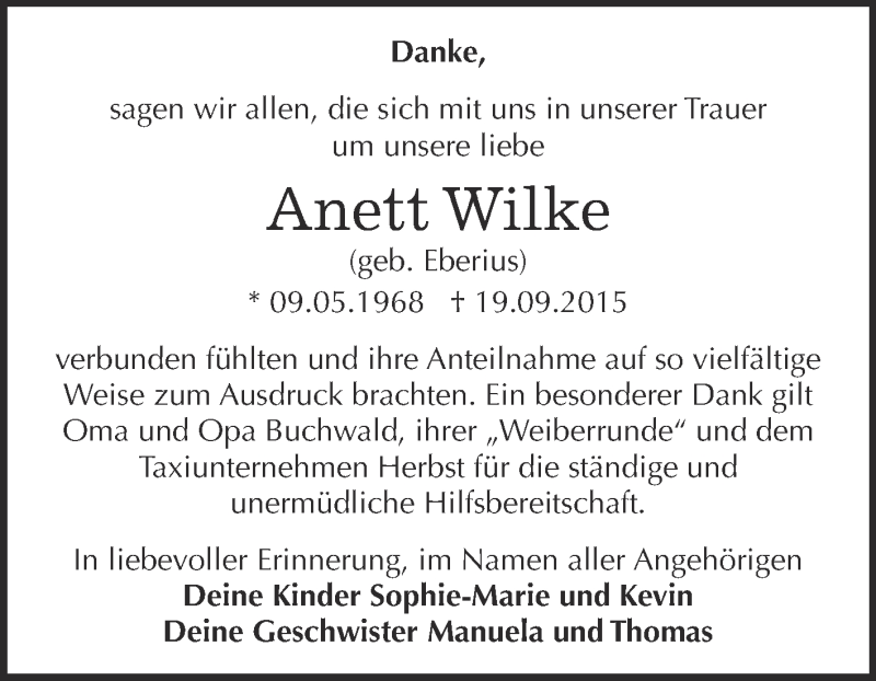  Traueranzeige für Anett Wilke vom 17.10.2015 aus WVG - Wochenspiegel Dessau / Köthen