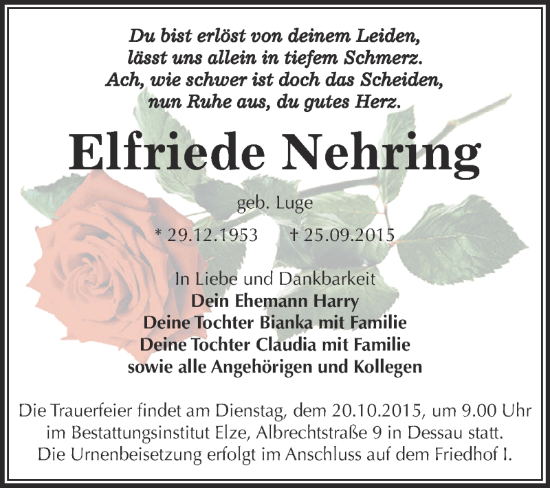  Traueranzeige für Elfriede Nehring vom 03.10.2015 aus WVG - Wochenspiegel Dessau / Köthen