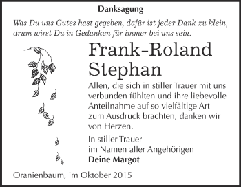 Traueranzeige von Frank-Roland Stephan von Super Sonntag Wittenberg