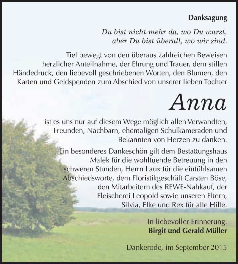  Traueranzeige für Anna  vom 24.10.2015 aus WVG - Wochenspiegel Quedlinburg