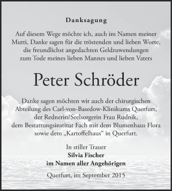 Traueranzeige von Peter Schröder von WVG - Wochenspiegel Merseburg