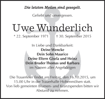 Traueranzeige von Uwe Wunderlich von WVG - Wochenspiegel NMB / WSF / ZTZ