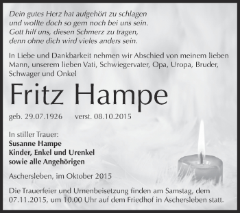 Traueranzeige von Fritz Hampe von Super Sonntag Aschersleben