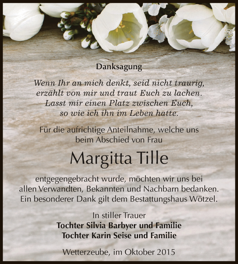  Traueranzeige für Margitta Tille vom 17.10.2015 aus Super Sonntag Zeitz