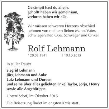 Traueranzeige von Rolf Lehmann von Super Sonntag SGH Mansf. Land